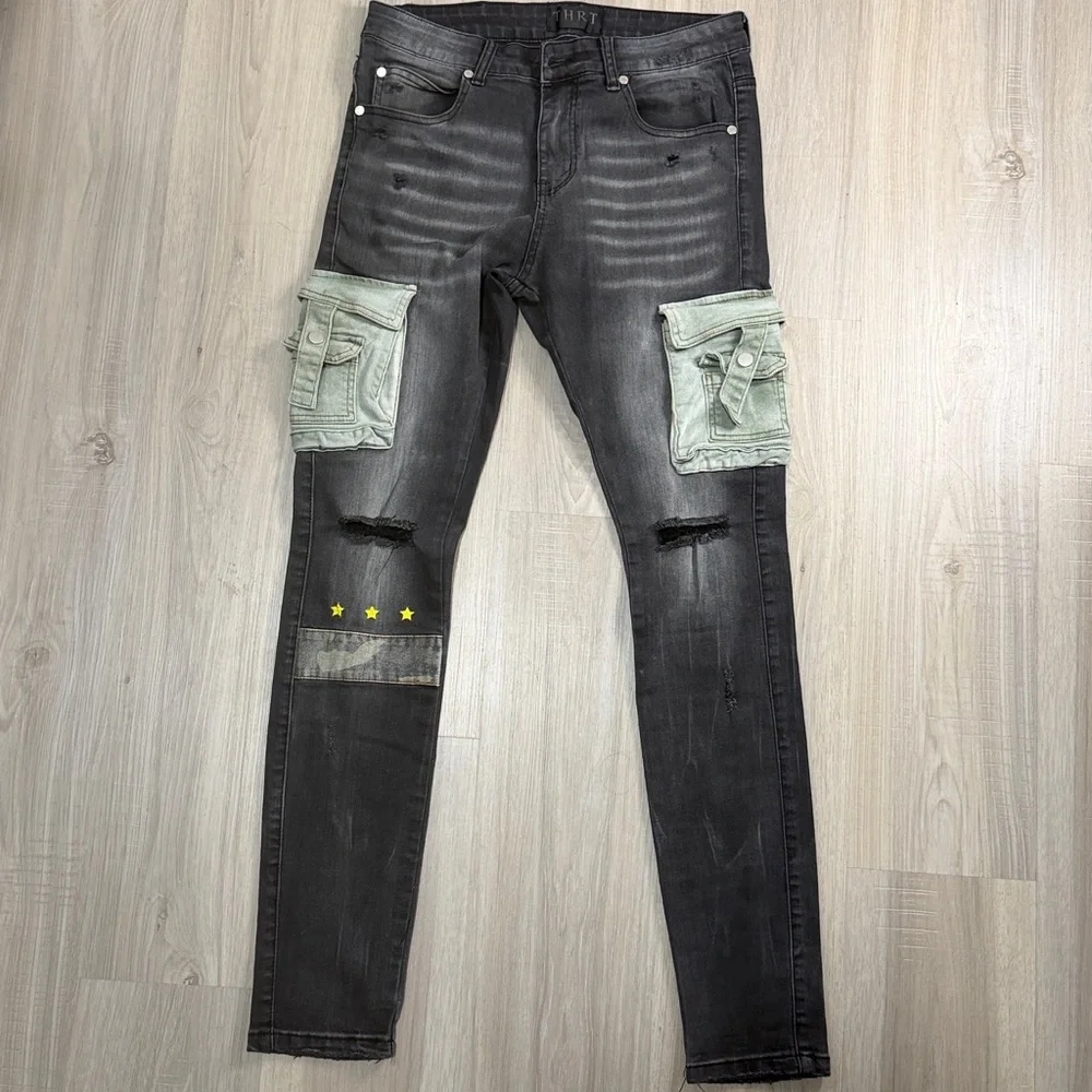 THRT Varsity Denim Cargo Jeans. Sz 32/32